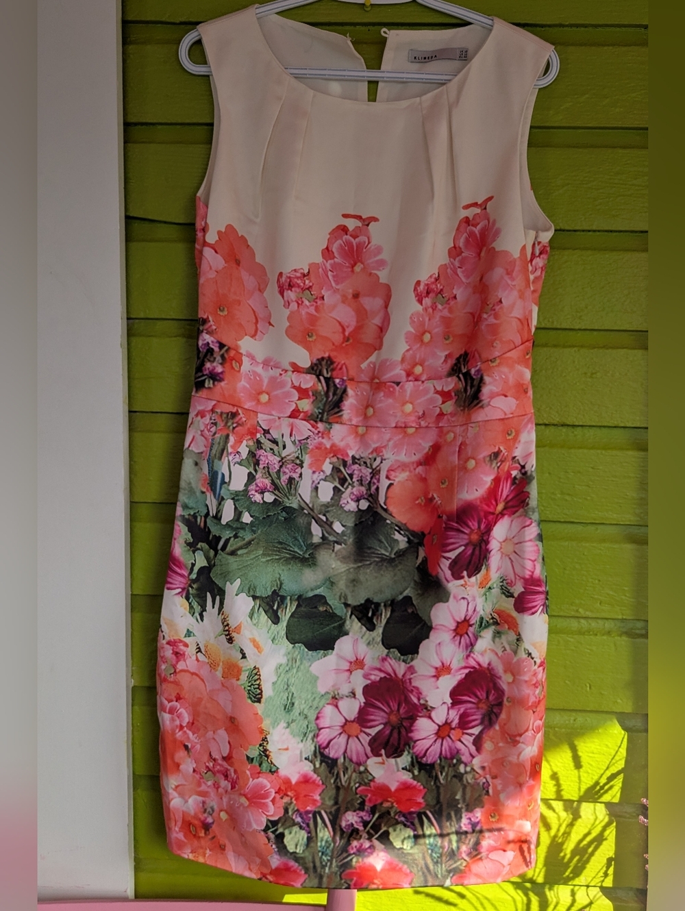 Sleeveless Orange Pink Floral Pencil Dress in Blush Pink
